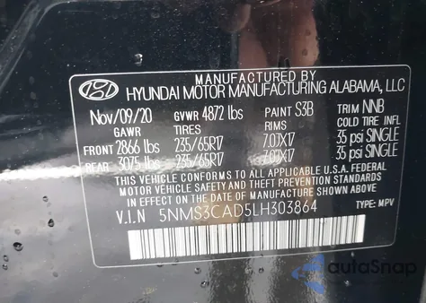 2020 Hyundai Santa Fe Sel from USA, damaged, VIN 5NMS3CAD5LH303864